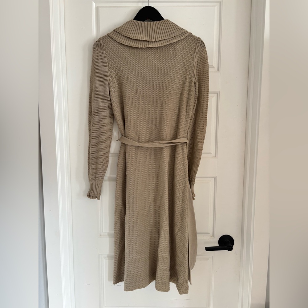 Vintage 100% Pure Wool Midi Dress Bib Collar Neutral French Sezane Vibes S M - Picture 3 of 7